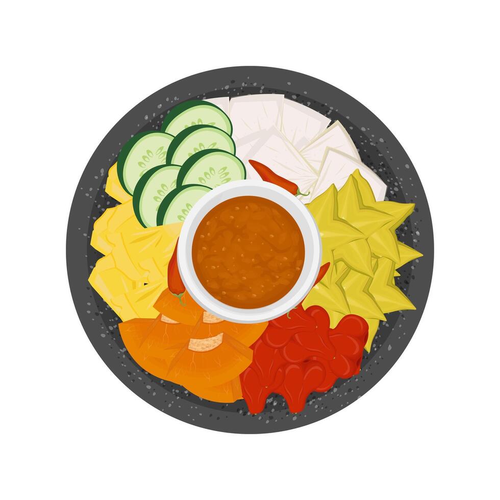 Illustration Logo Clipart Top View Sliced tropical fruits on a Cobek with Spicy brown sugar rujak buah or lotis buah lutis buah vector