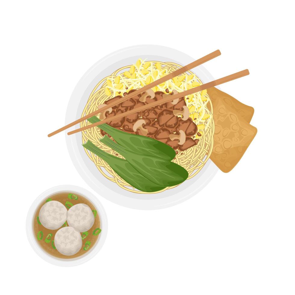 Illustration Logo Clipart Top View Mie ayam Bangka or Indonesian Chicken noodles soup with bakso Kuah vector