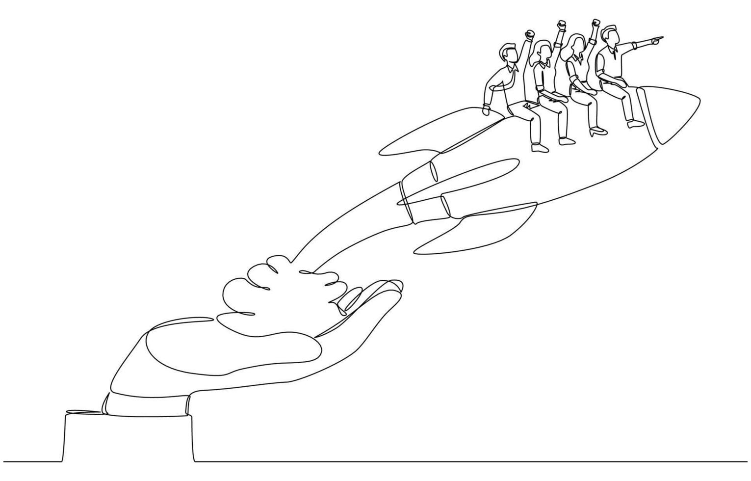 Continuous one line drawing of startup team riding rocket together from hand of businessman, providing funding support to startup business concept, single line art vector