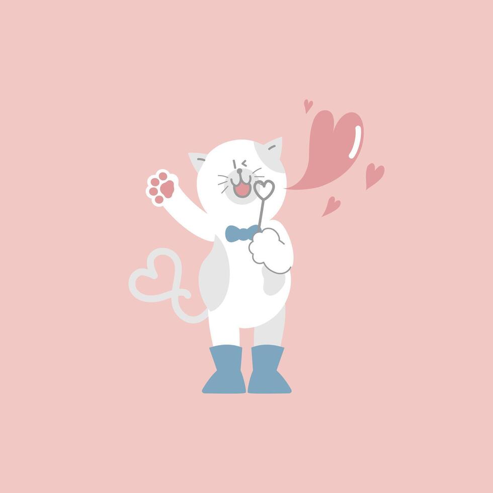 cute and lovely cat blowing heart shape bubble, happy valentines day, birthday, love concept vector