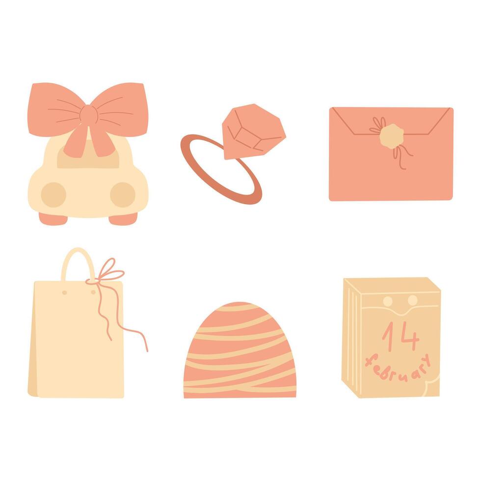 Pastel colored clipart, festive clipart, car with bow, envelope, cake, diamond, tied bow. Illustrations vector