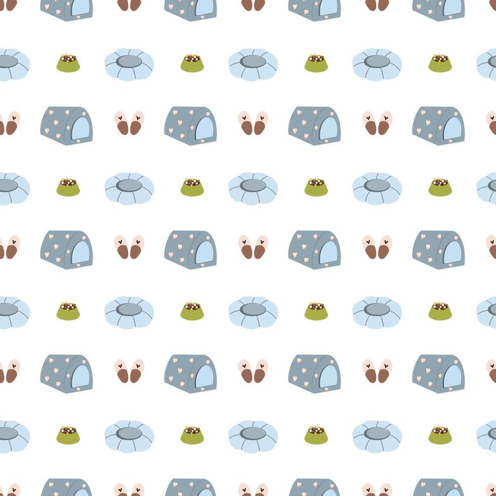 Pet accessories seamless pattern, pet bed, slippers pattern vector