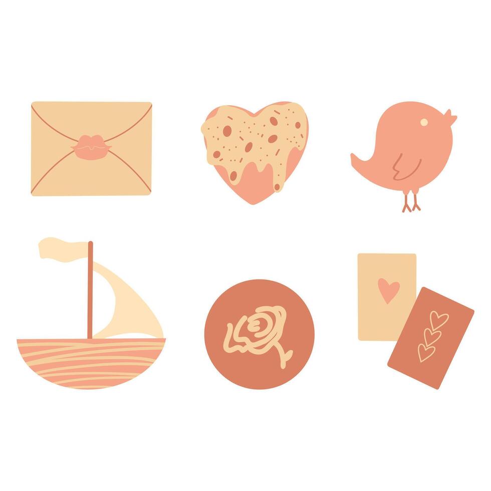Pastel colored clipart, festive clipart, envelope, cake, bird, flowers, sailboat, cards. Illustrations vector