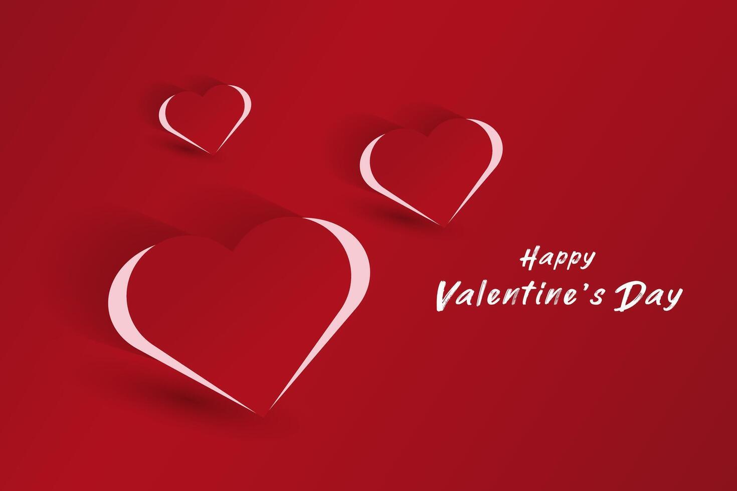 Set of three simple and artistic hearts design with a white and red heart outline casting a shadow, set on a red background with holiday-themed text in pink. vector