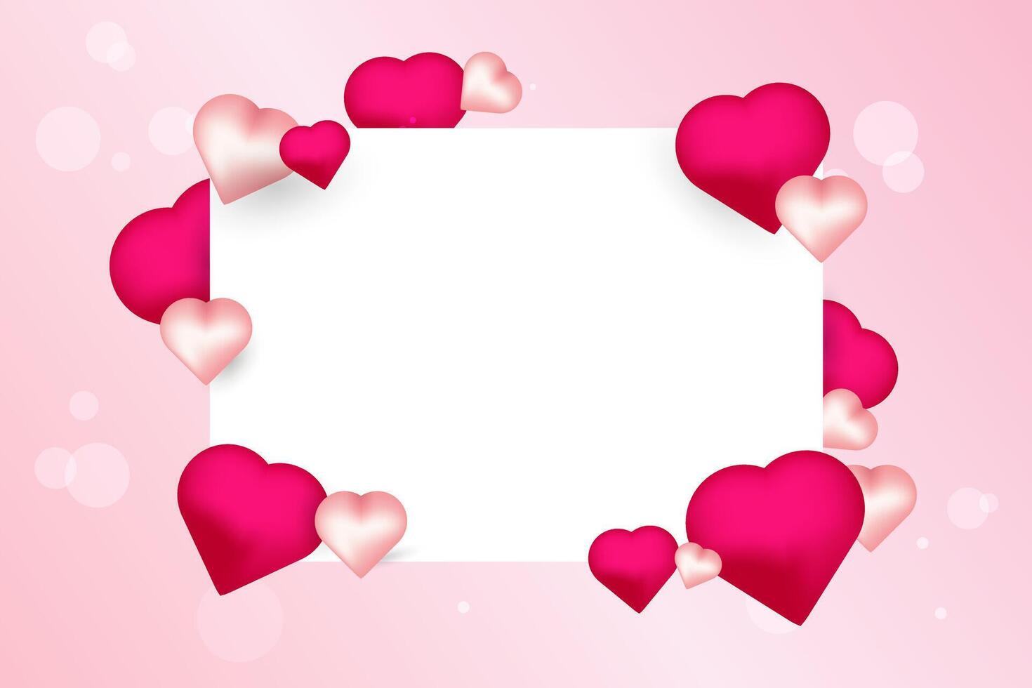 A decorative Valentine-themed design with a rectangular white frame surrounded by pink and red hearts of various sizes, set on a soft pink background with bokeh effects. vector