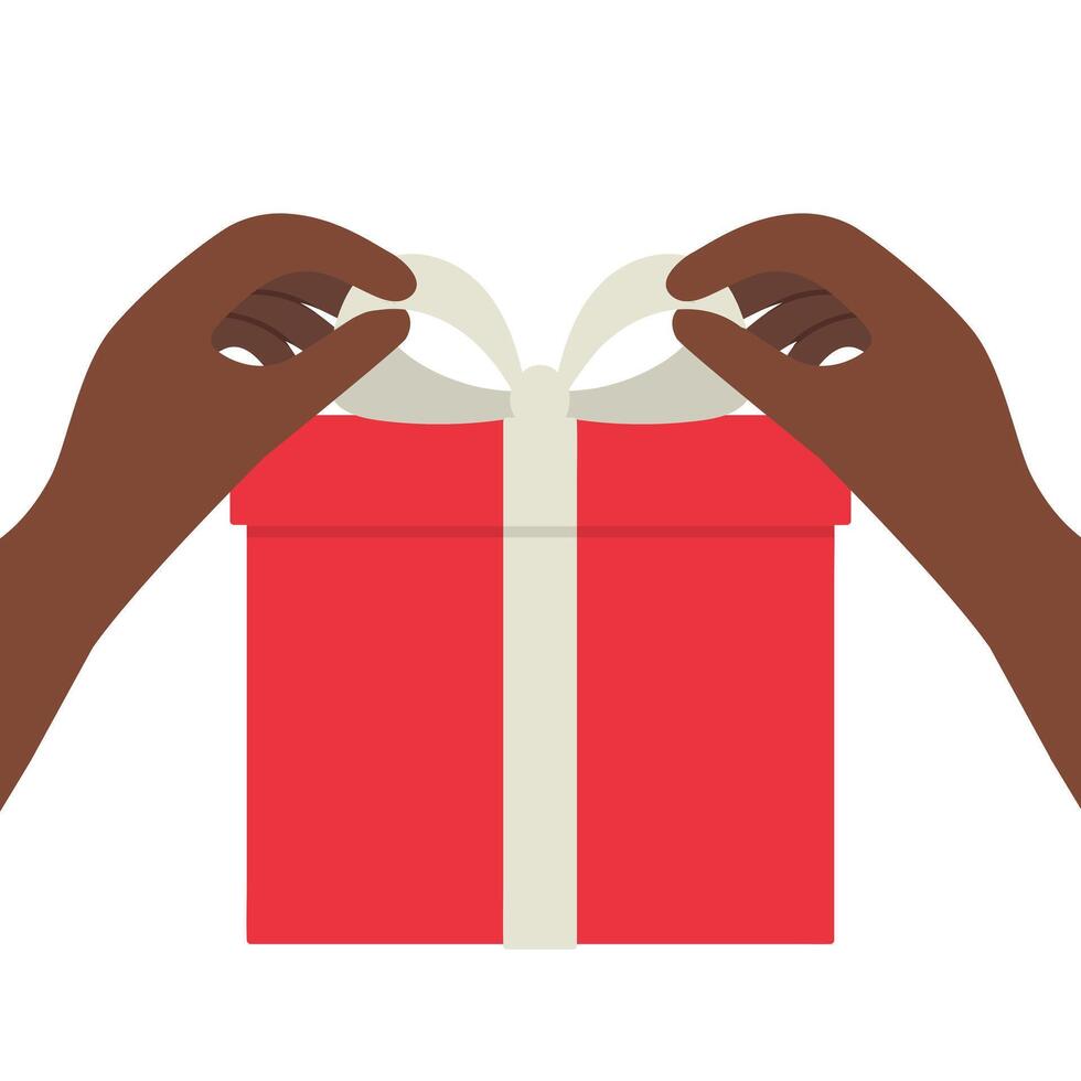Hands tying a white bow on a red gift box vector