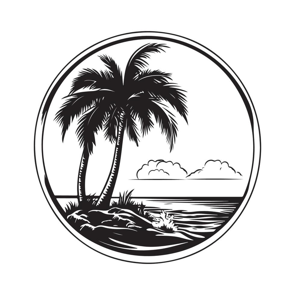 Tropical island with palm trees circular design image isolated on white background vector