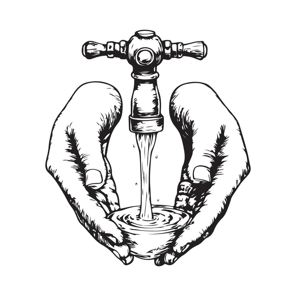 Black and white Hands cupped under a rustic water tap crystalclear water streaming into their palms image vector