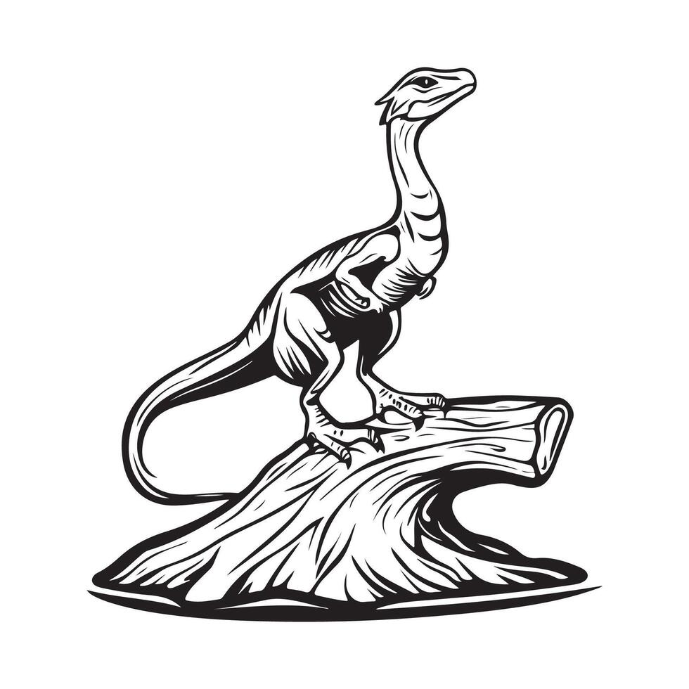 Compsognathus dinosaur image. Illustration of Compsognathus dinosaur Standing on a Log, Black and White. vector