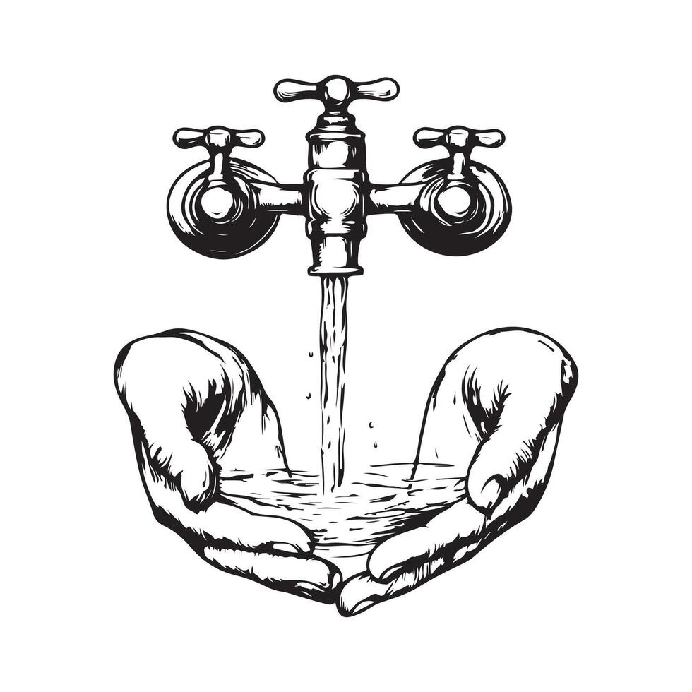 Hands cupped under a rustic water tap crystalclear water streaming into their palms image vector