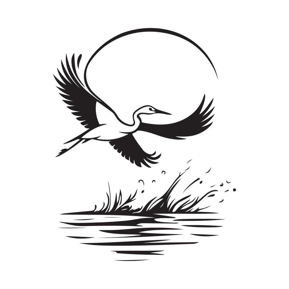 Great Heron Bird Splashing Water Image. Heron Birds flying over the water surface image. vector