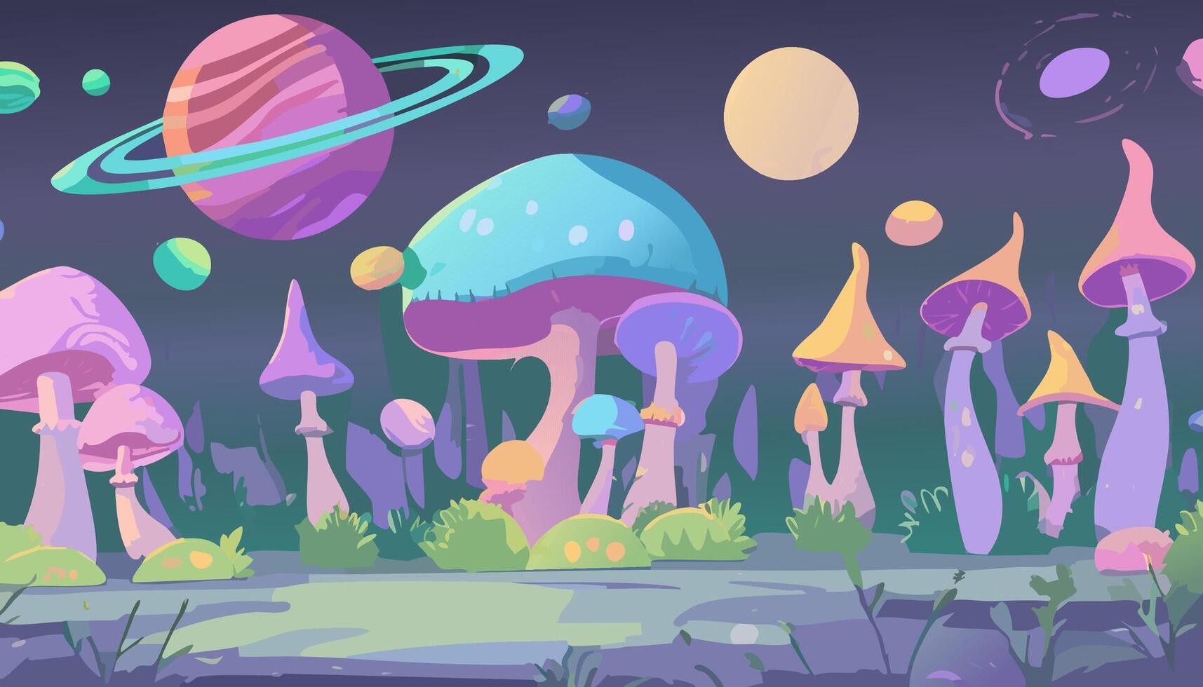 Fantasy landscape with mushrooms and planets. Cartoon illustration for your design vector