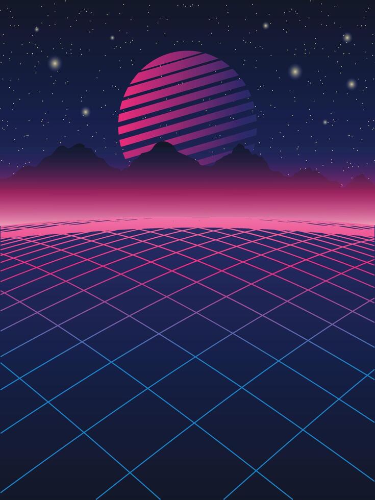 retro vaporwave future mountain grid landscape backgrond vector