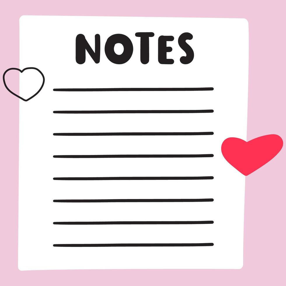 Notes for romantics. Empty template. Hand drawn design. Illustration on pink background. vector