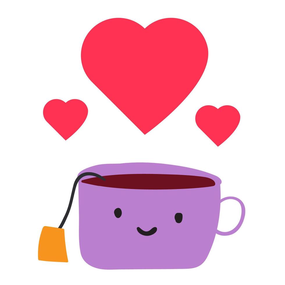 Cute cup of tea with hearts. Romantic design for Valentine's day. Flat illustration on white background. vector