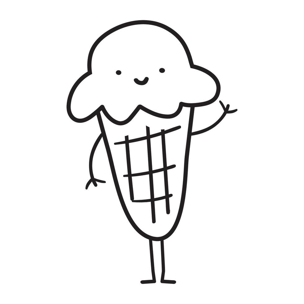Cute ice cream. hand drawn character. Outline design. Illustration on white background. vector