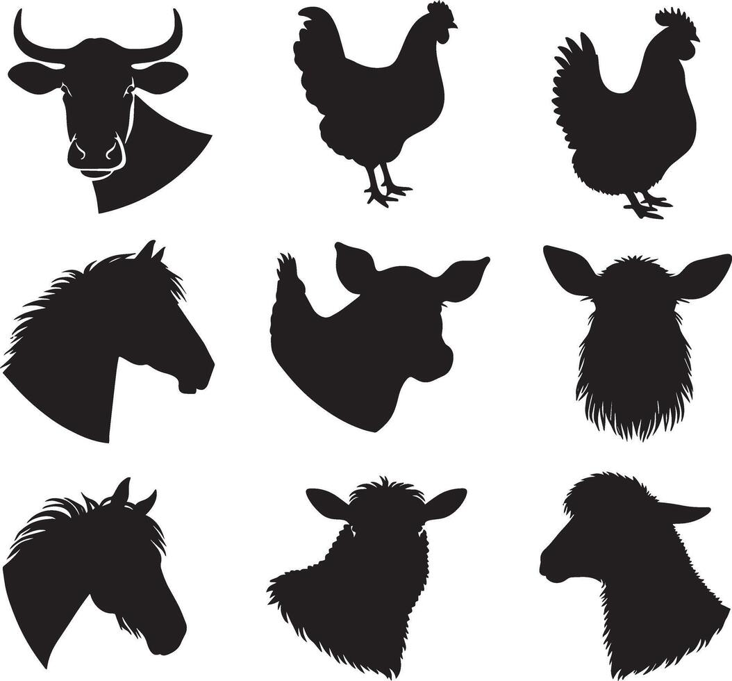 Farm animals head silhouettes on white background vector