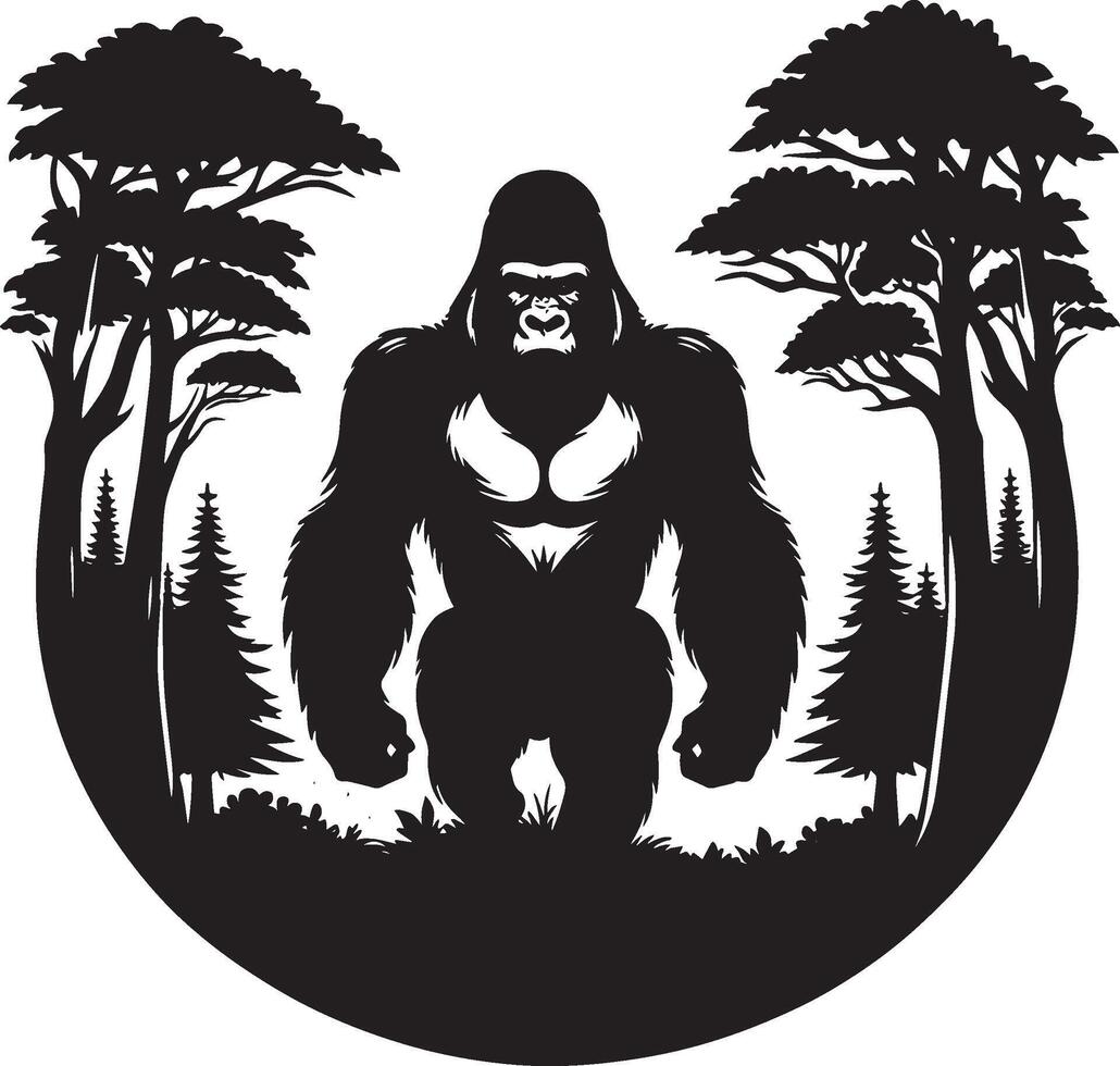 Majestic gorilla silhouette with trees on white background vector