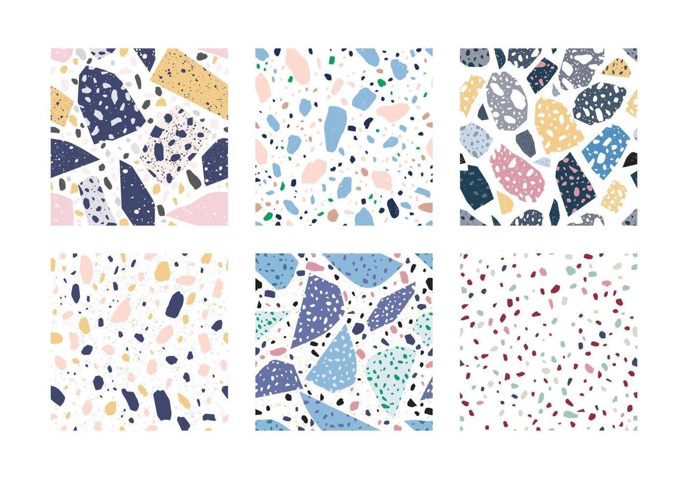 Collection of terrazzo geometric textures. Bundle of seamless patterns with colorful splinters or sprinkles on white background. Creative illustration for backdrop, textile print, flooring vector