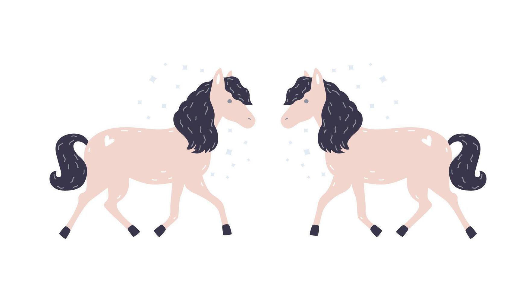 Cute charming little pink horse and its symmetrical reflection. Adorable magical pony with mane. Funny cartoon domestic animal isolated on white background. Flat colorful illustration vector