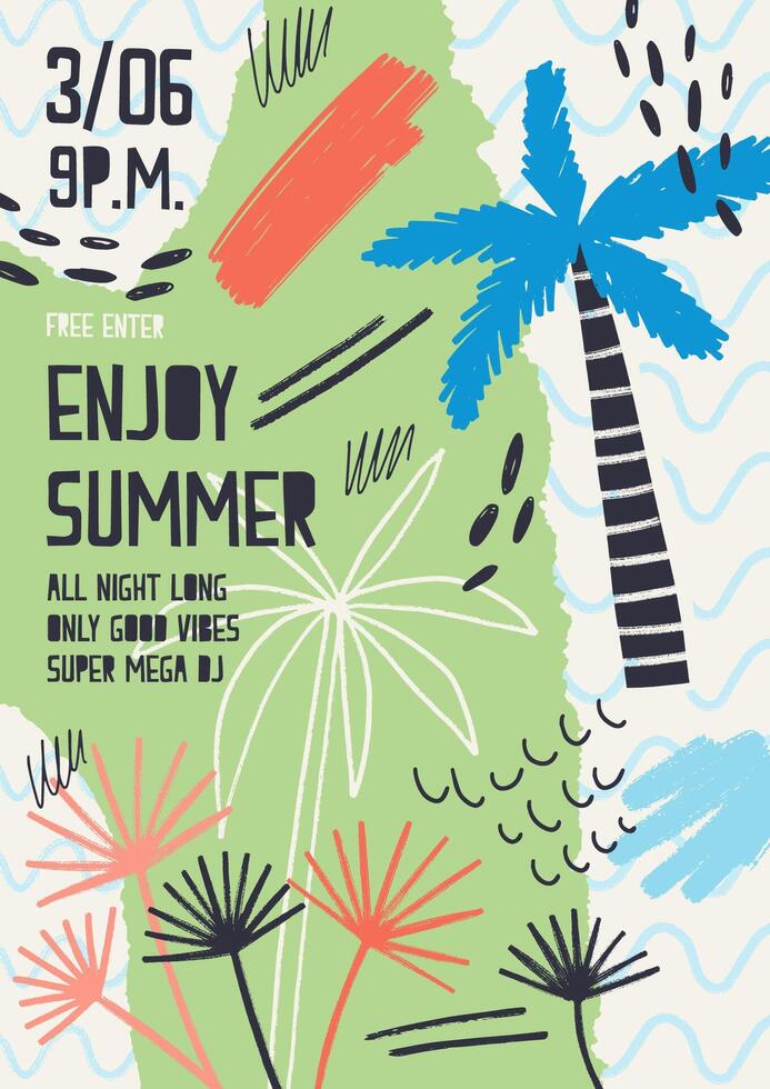 Creative flyer or poster template decorated with exotic plants, tropical palm trees, paint stains and blots for summer open air dance party. Modern illustration for seasonal event promotion vector