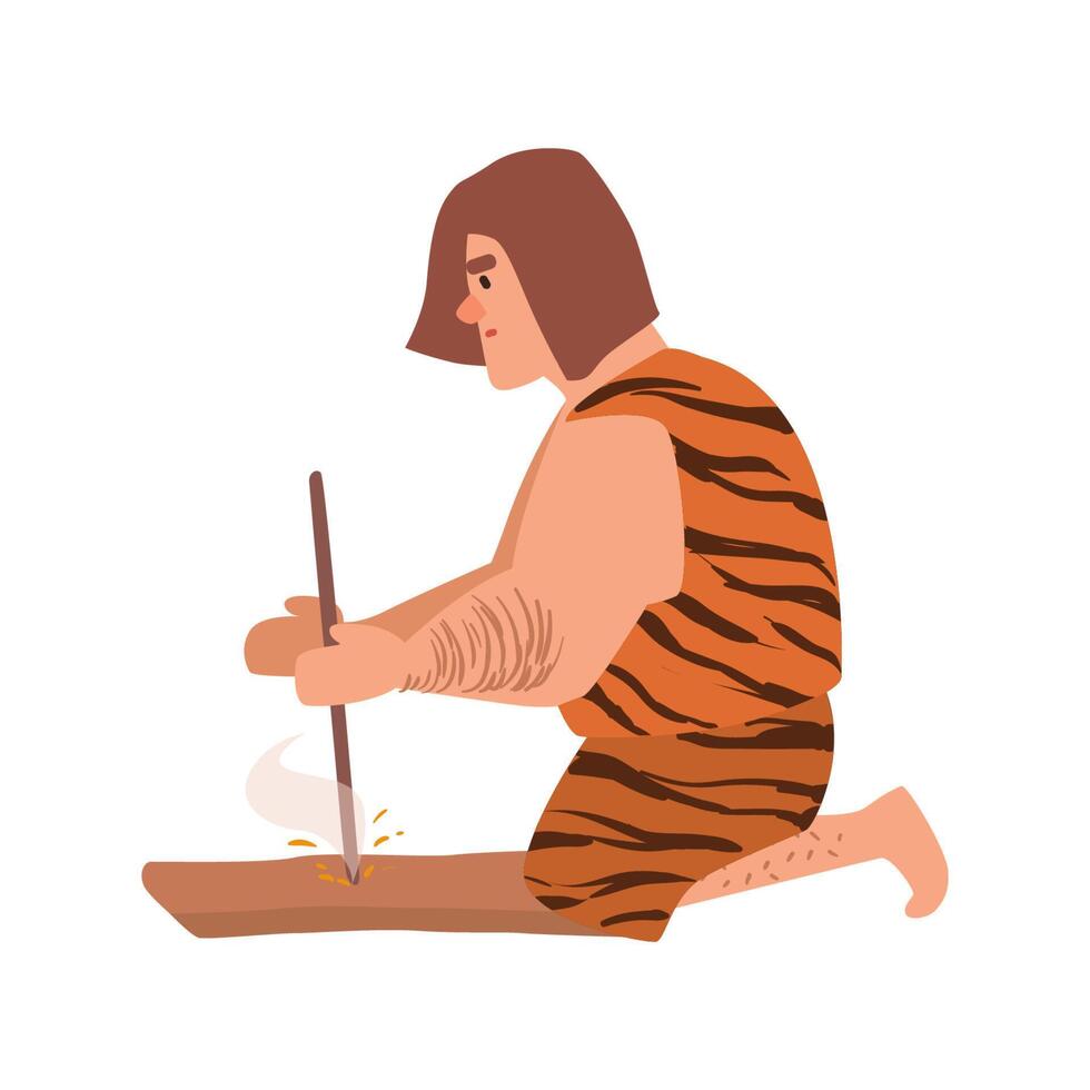 Primitive archaic man or caveman dressed in skin clothes lighting fire through friction by grinding piece of wood or hand drilling. Cartoon character isolated on white background. illustration vector