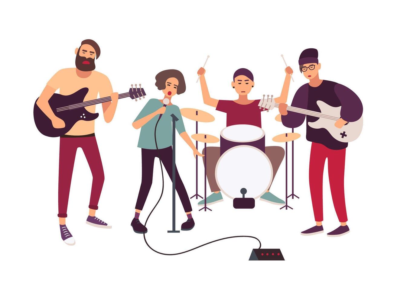 Indie rock music band performing on stage or rehearsing. Young woman singing into microphone and male musicians playing musical instruments isolated on white background. Cartoon illustration. vector