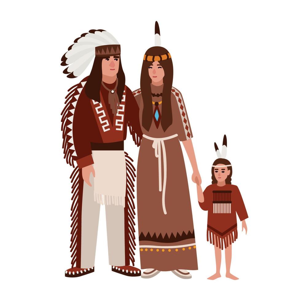 Family of American Indians. Mother, father and daughter dressed in ethnic tribal clothes standing together. Indigenous peoples of America. Cute cartoon characters. illustration in flat style vector