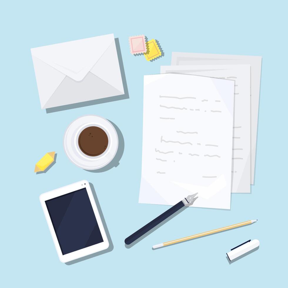 Paper sheets with written text, envelope, postage stamps, fountain pen, pencil, smartphone, cup of coffee and sweet on table surface, top view. Letter writing. Flat cartoon illustration vector