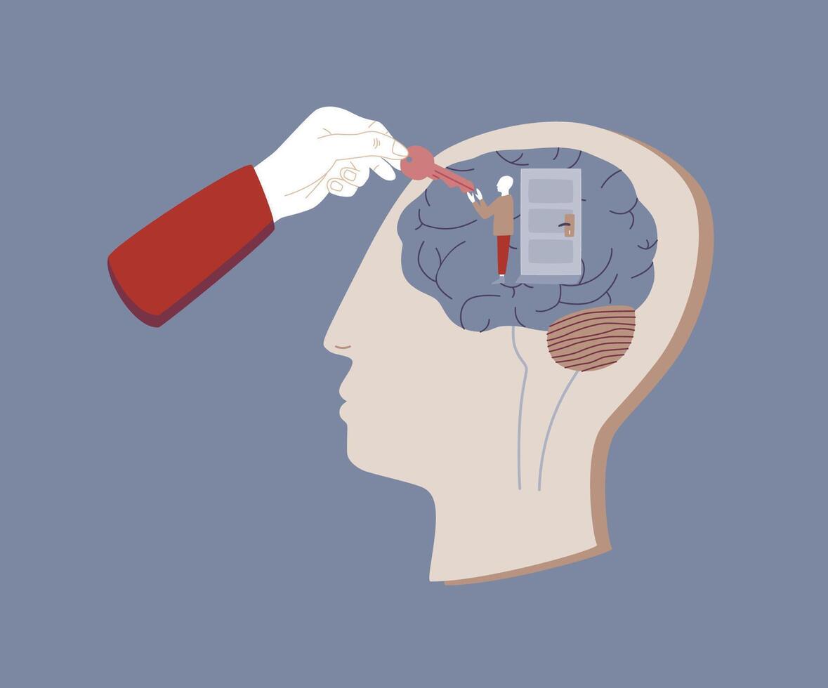 Human head, small person inside it standing near closed door and hand giving him key. Concept of psychotherapy and psychiatry, psychotherapeutic aid, support and treatment. Flat illustration vector