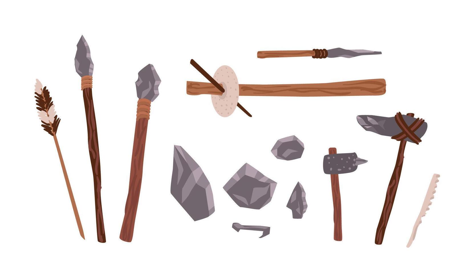 Collection of prehistoric stone tools. Bundle of rock weapons and equipment used by archaic human or caveman for hunting, fire lighting, manual work. Flat cartoon colorful illustration vector