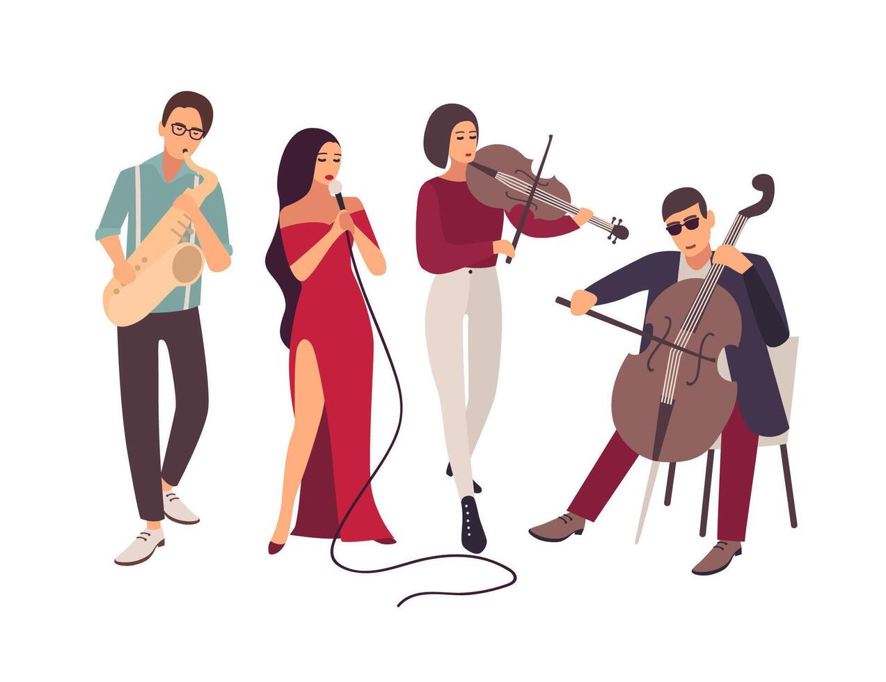 Jazz or blues music band performing on stage during concert. Elegant men and women singing song and playing musical instruments isolated on white background. Flat cartoon illustration vector
