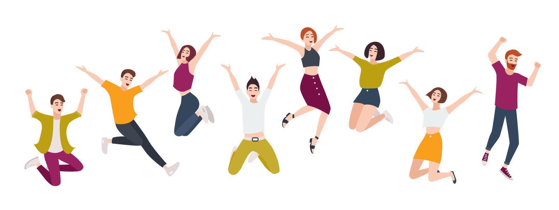 Group of young happy people jumping together with raised hands. Smiling positive men and women isolated on white background. Happiness, fun and rejoice. Flat cartoon colorful illustration vector