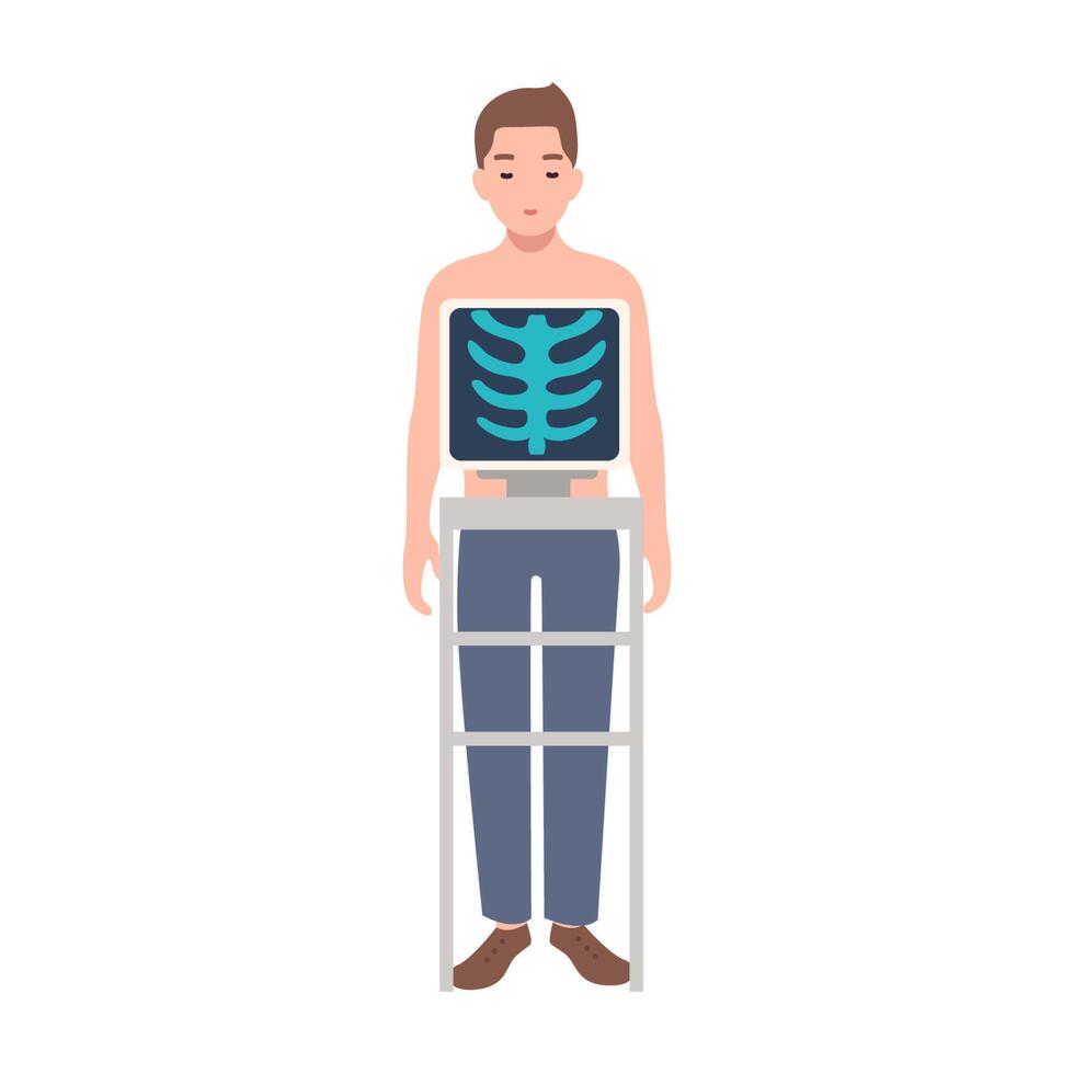Patient during medical procedure of taking chest radiograph isolated on white background. Young man standing inside X-ray machine and picture of his rib cage on monitor. Cartoon illustration vector