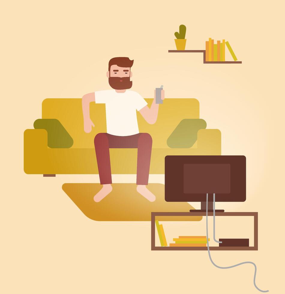 Male cartoon character sitting on cozy couch in front of television set, drinking beer and having fun at home. Young bearded man on comfortable sofa watching TV. Flat colorful illustration vector