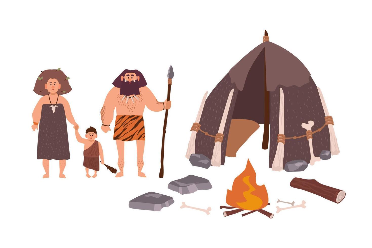 Family of ancient people, cavemen, primitive men or archaic human. Mother, father and son standing beside their dwelling and bonfire. Stone Age cartoon characters. Flat colorful illustration vector