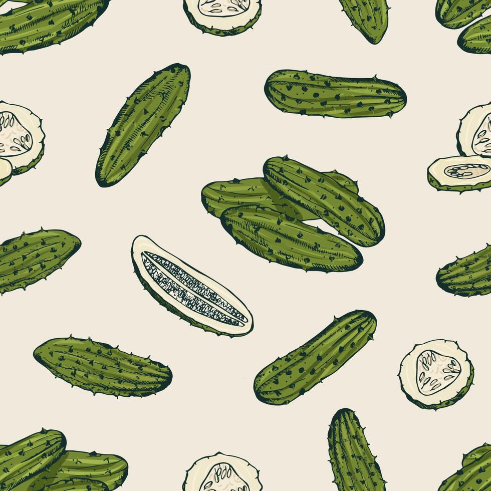 Seamless pattern with pickles or pickled cucumbers. Backdrop with marinated vegetable, delicious vegetarian snack. Hand drawn realistic illustration for fabric print, wrapping paper, wallpaper. vector