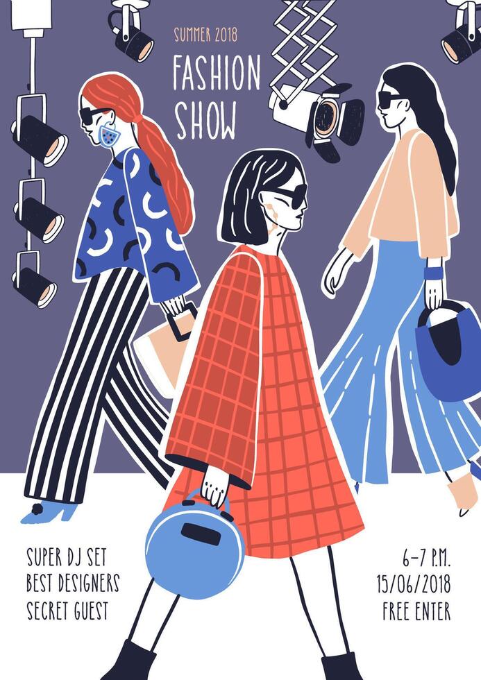 Creative flyer or poster template for fashion show with models wearing stylish haute couture clothes walking along runway or doing catwalk. Hand drawn illustration for event promotion vector