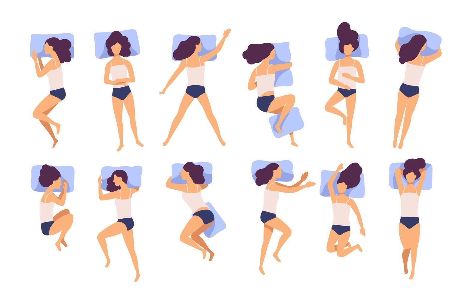 Collection of young woman sleeping in bed in various poses. Set of female cartoon character lying in different postures during night slumber. Top view. Colorful illustration in flat style vector