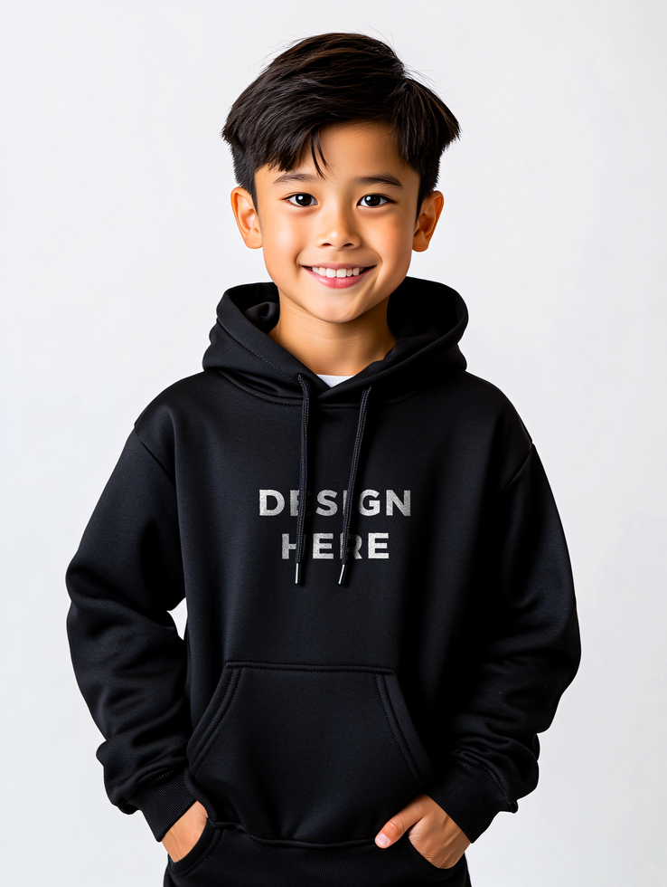 Happy asian boy wearing hoodie mockup for design placement psd