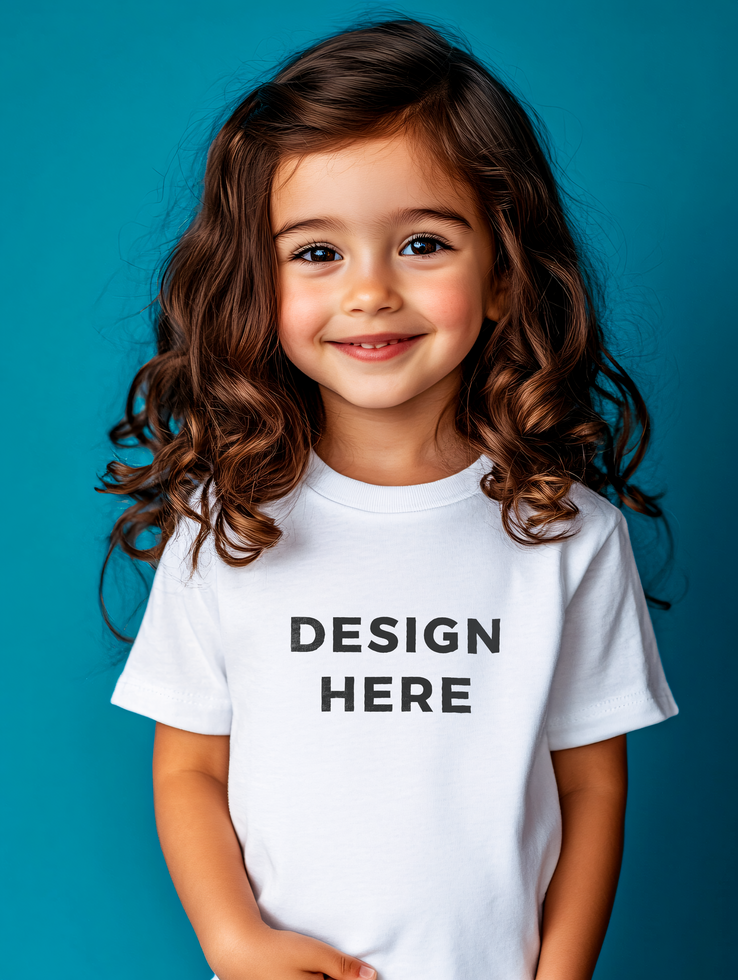 Little girl wearing t-shirt mockup isolated on aqua background for design placement psd