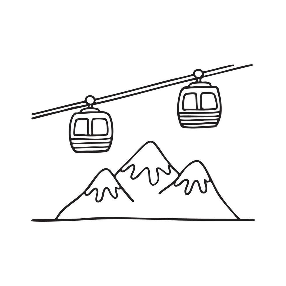 Doodle illustration of a snowy mountain beneath a gondola lift vector