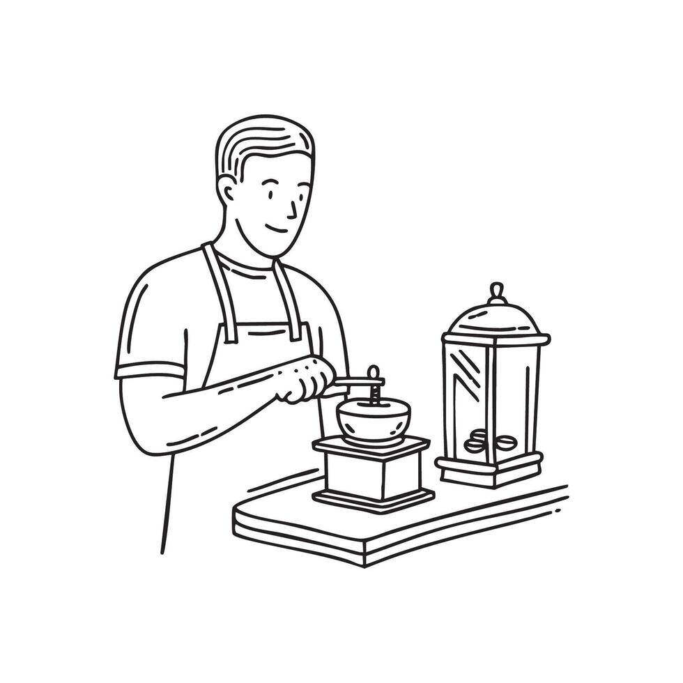 Doodle illustration of a barista using a coffee grinder behind a bustling cafe counter vector