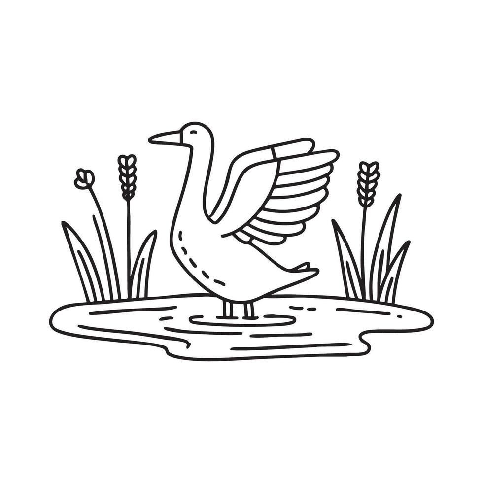 Doodle illustration of tall grass at a calm pond with a goose spreading its wings vector