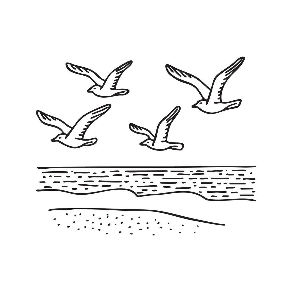 Doodle illustration of a flock of gulls flying over a sandy beach vector