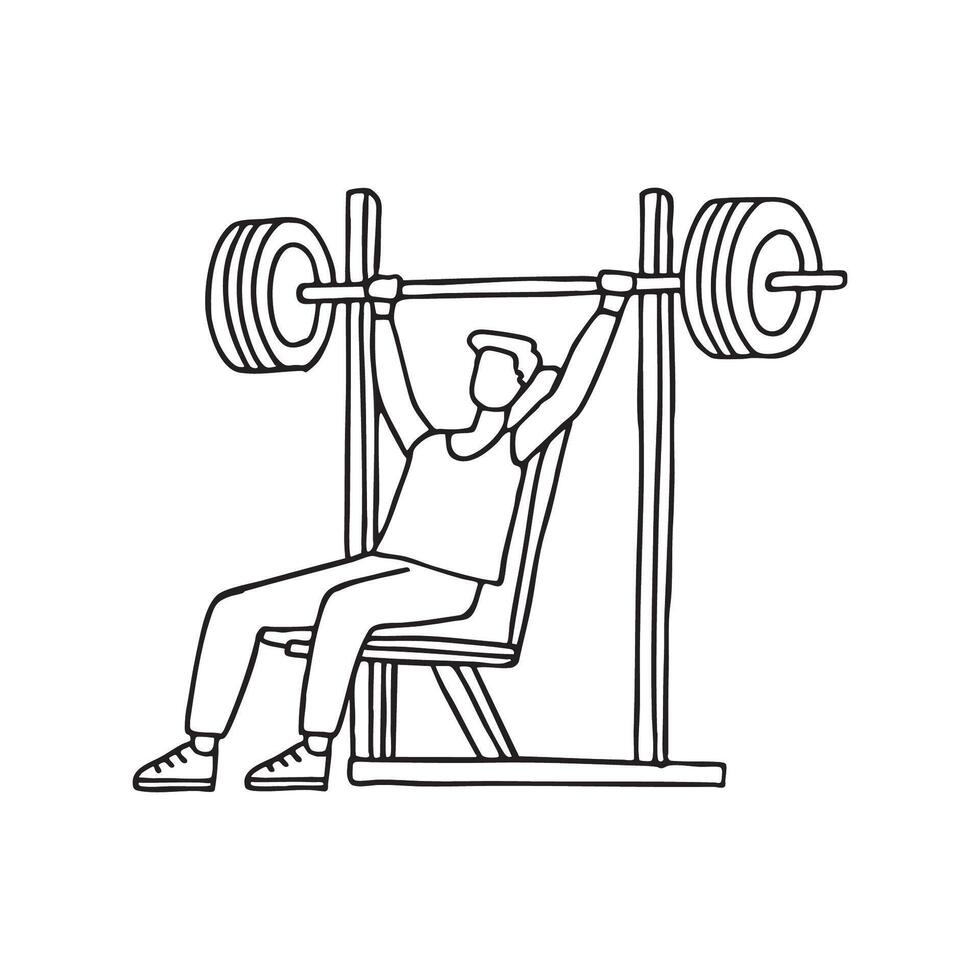 Doodle illustration of someone lifting weights on a bench press machine in the gym vector