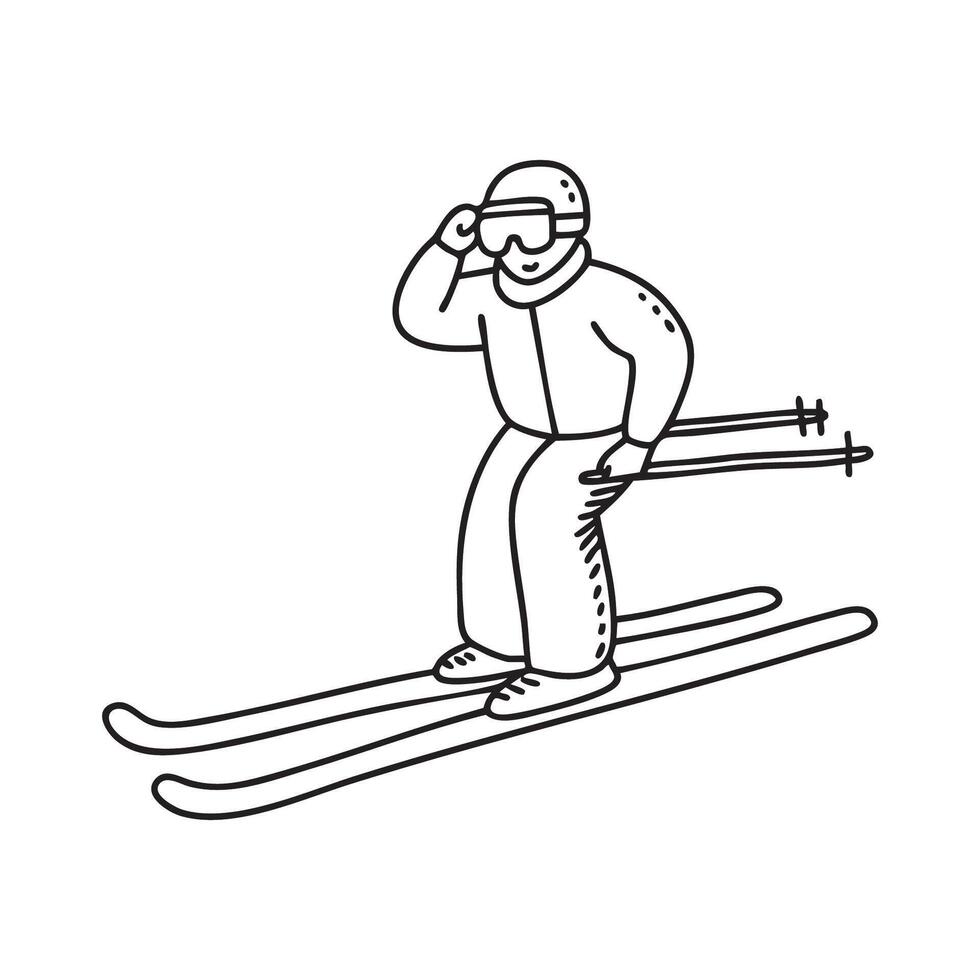 Doodle illustration of a skier adjusting their goggles before starting down a snowy slope vector