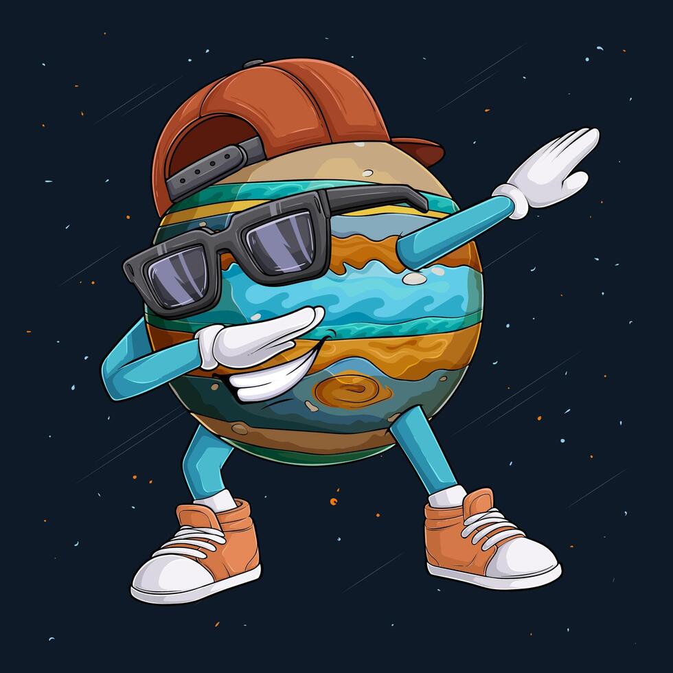 Hand drawn Jupiter planet character wearing brown cap, sunglasses doing dab dance, dabbing Jupiter vector