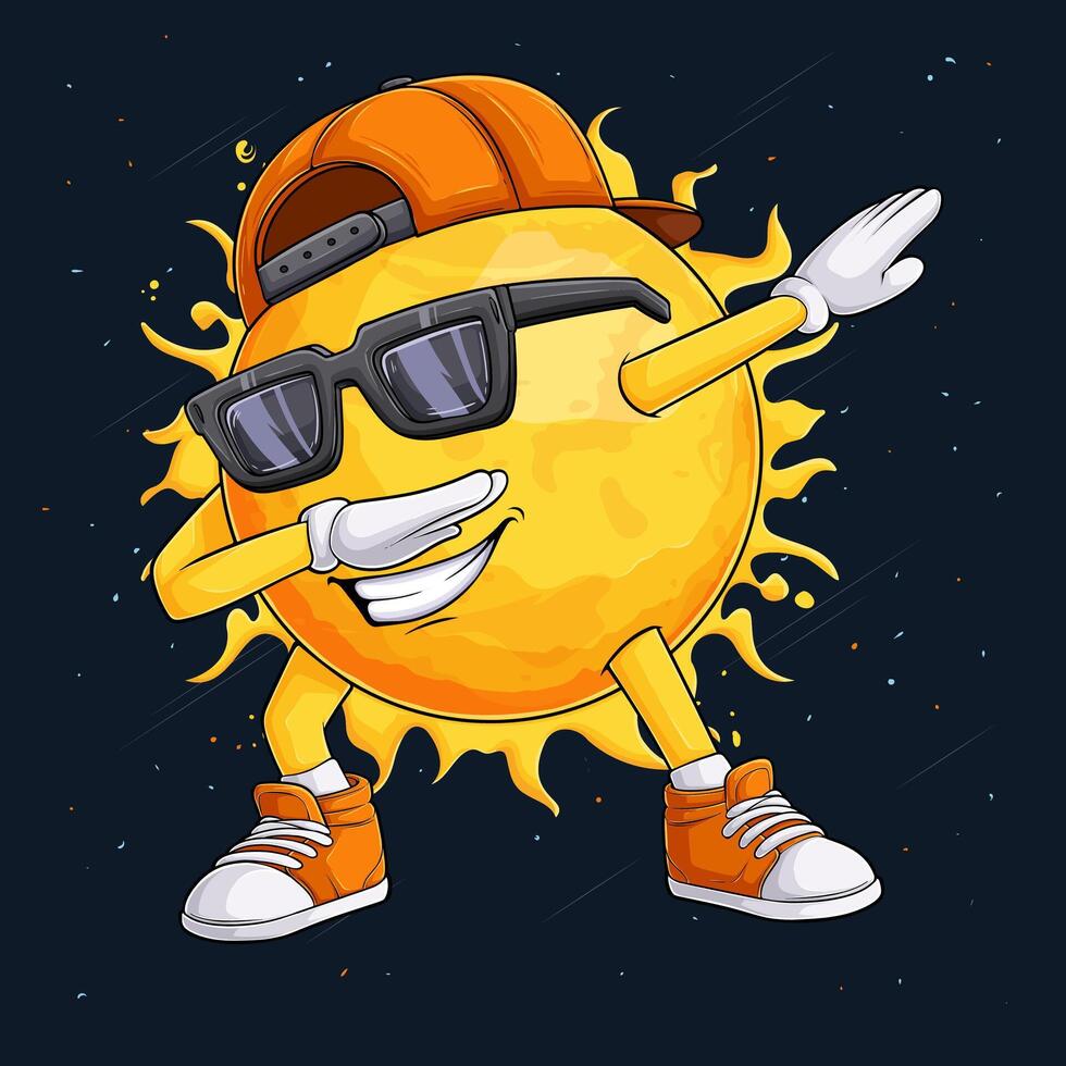 Hand drawn golden shiny sun character wearing orange cap, sunglasses doing dab dance, sun dabbing vector