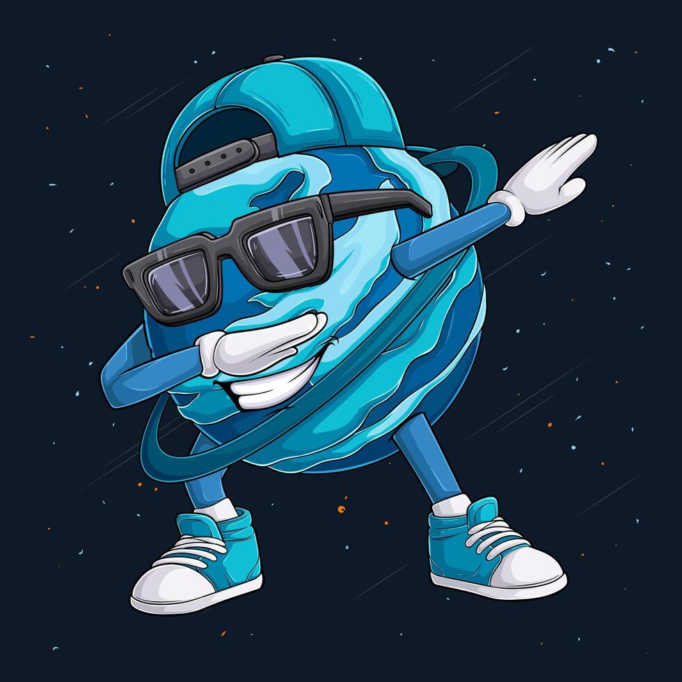 Hand drawn Uranus planet character wearing blue cap, sunglasses doing dab dance, dabbing Uranus vector